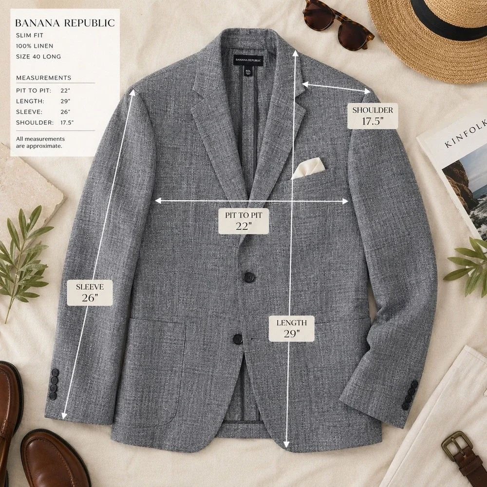 Banana Republic Slim Fit 100% Linen Blazer Men 40L Gray Sport Coat Wedding Guest